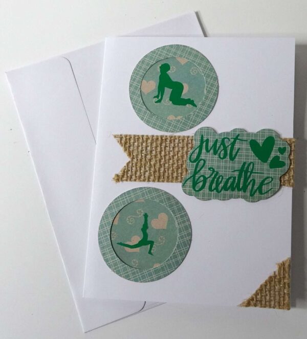 Handmade card for yogis. Yoga Card. Yoga Art. Just Breathe.