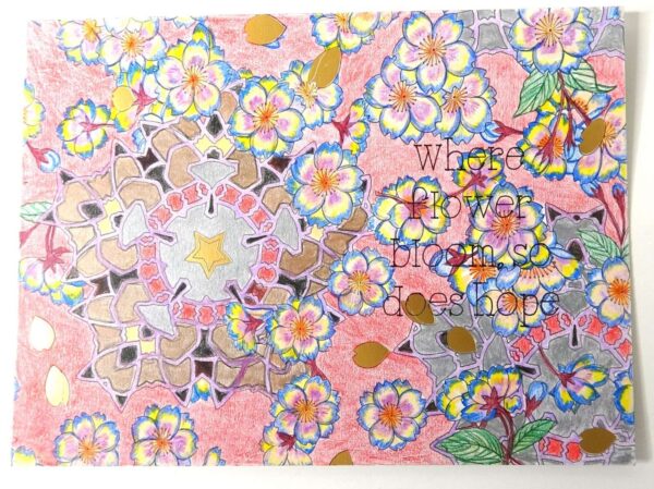 Postcard. Postcard for peace. Yoga postcard. Colored with Pencils Postcard. 